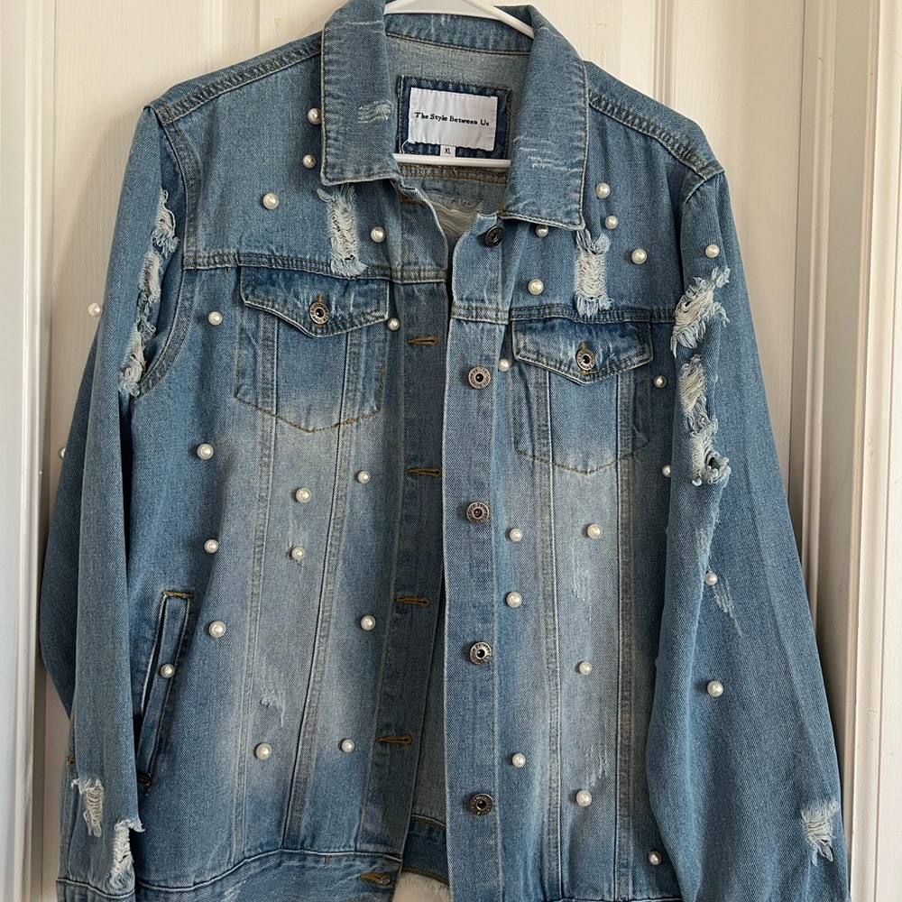 Women's Blue Denim Jacket with Pearl Accents